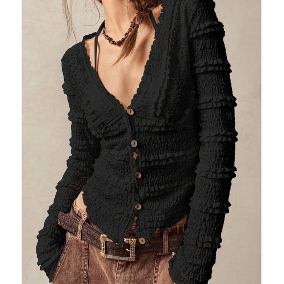 Boho Fitted Button Down Frill Ruffle Detail Long Sleeve top - Picture 8 of 12